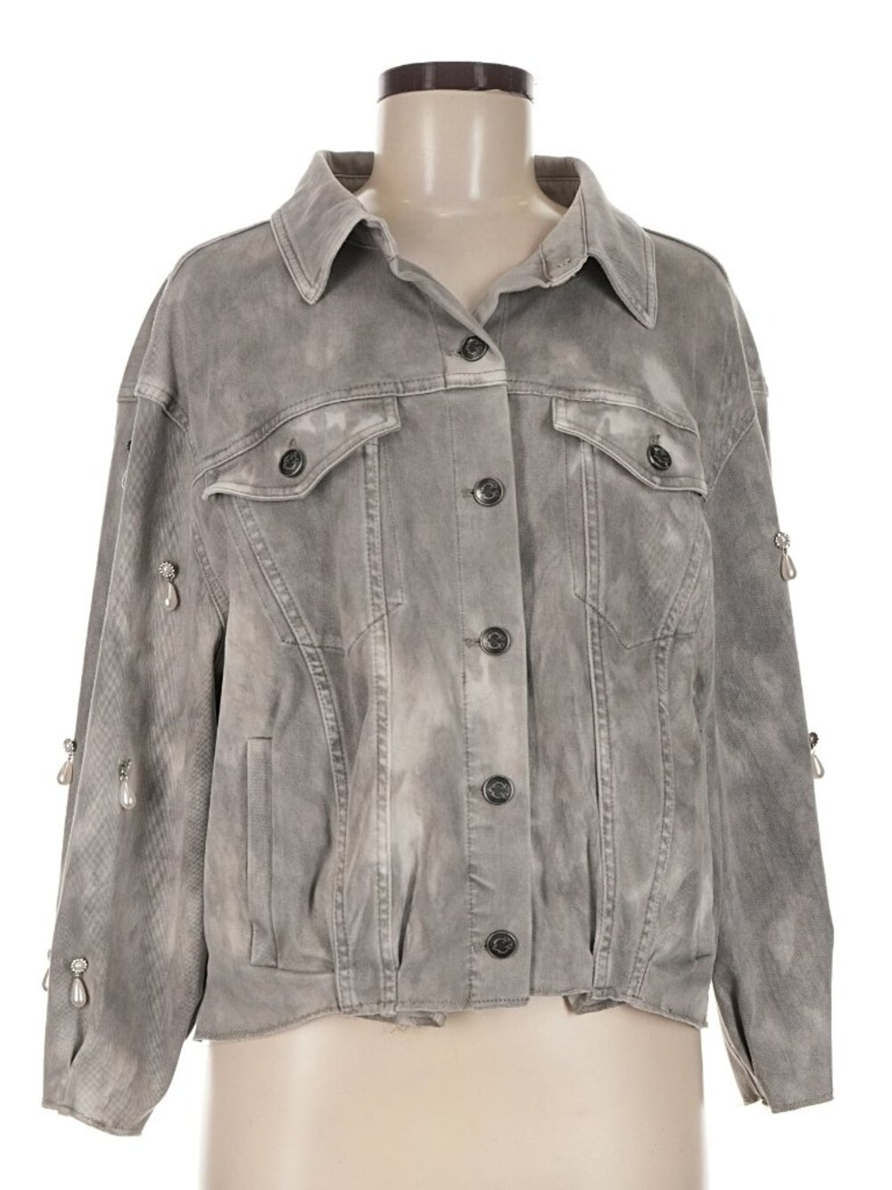 C. Wonder Gray Faux Pearl Embellished Sleeve Stretch Twill Jacket Slit Pockets